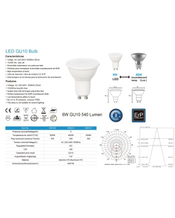 BOMBILLA LED GU10 6W 110º SMD FROSTED COVER 4000K